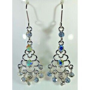 Gorgeous Chandelier Earrings Aurora Borealus Stones Silver Tone Statement Runway